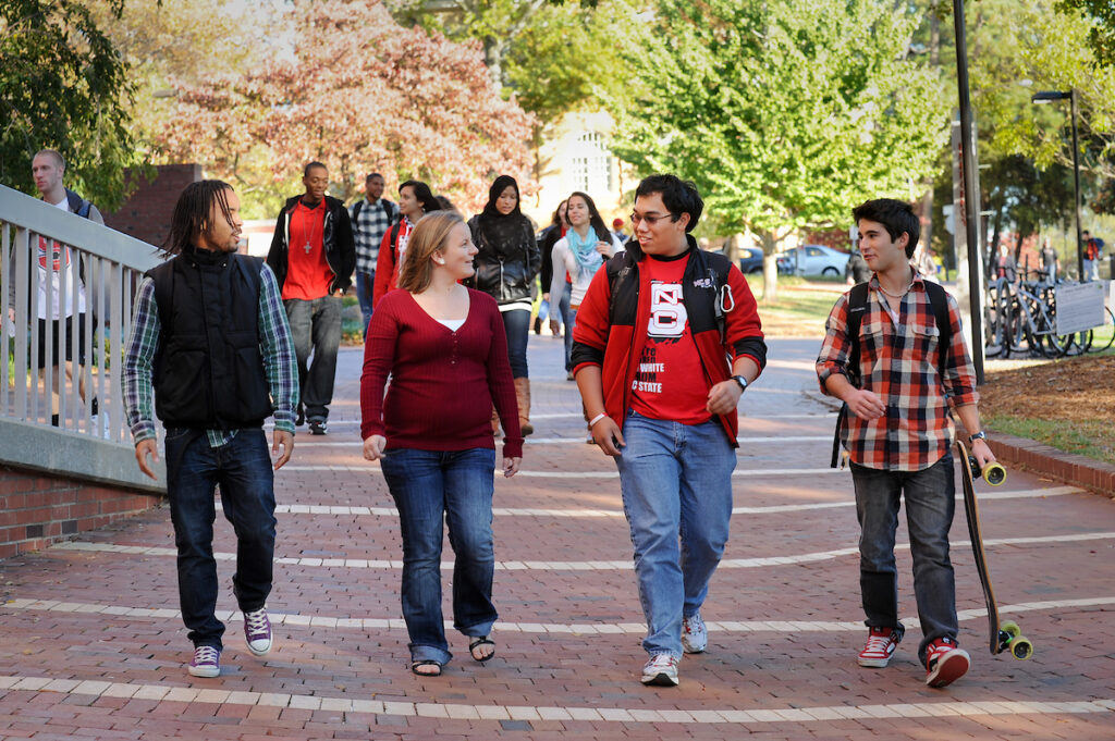 Students walk across the Brickyard